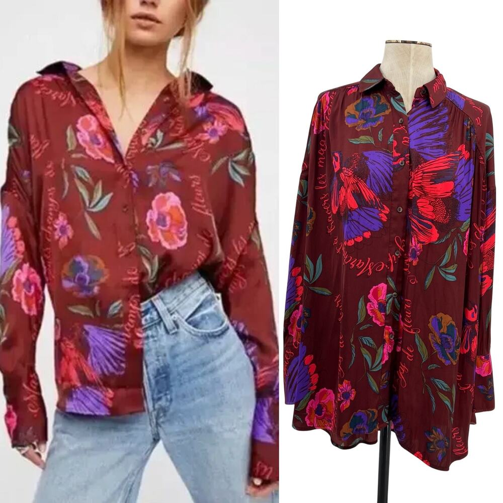Free People Silky Nights Blouse Floral Oversized Button Down Top Burgundy Medium
